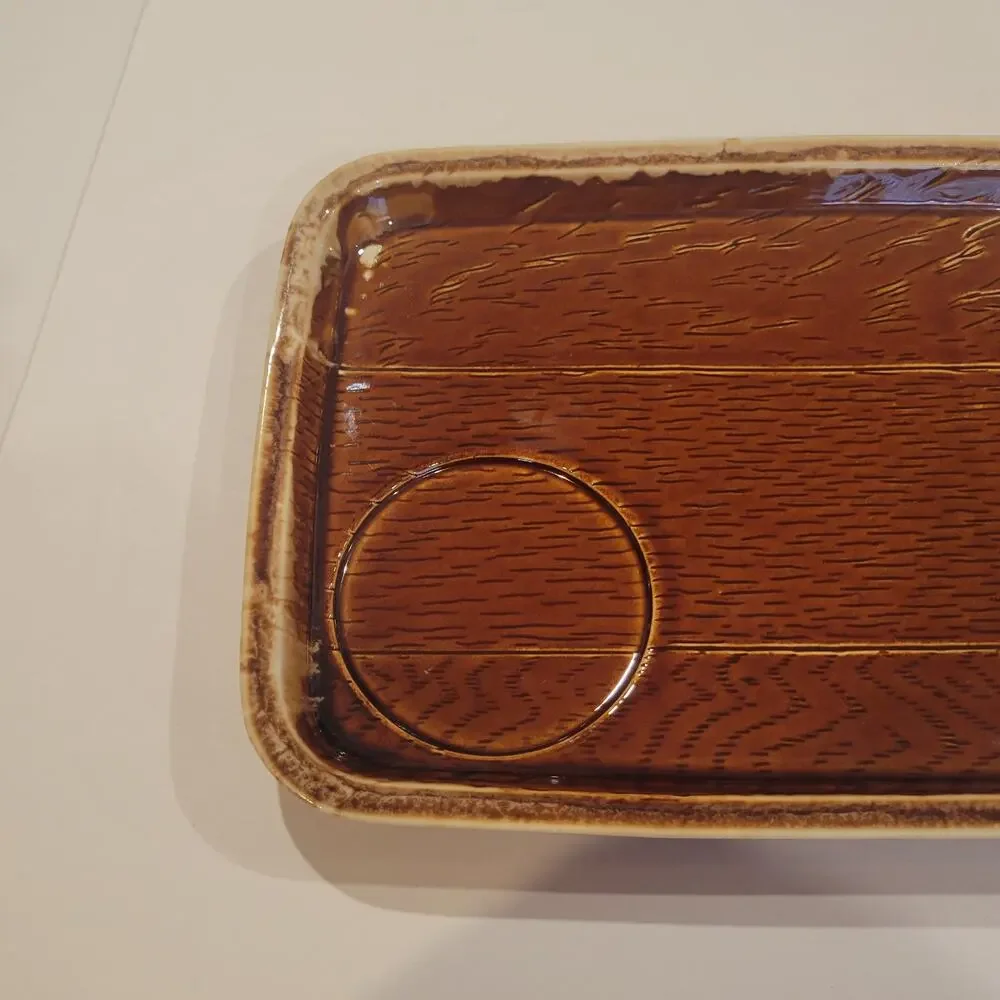 Vintage Brown Ceramic Tray Plate with cut for Cup Holder Made in USA